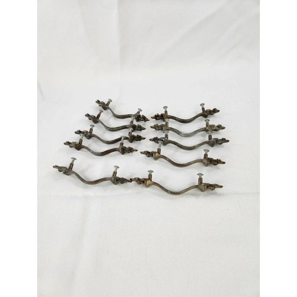 Set 10 Vintage Gothic Fleur de Lis Drawer Pulls Eastlake Brass Cabinet Handles